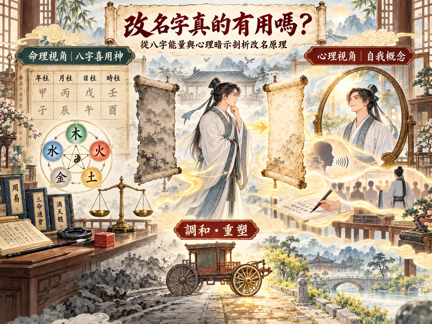 改名字原理示意圖,從八字喜用神與心理暗示解析姓名對五行平衡、自我認同及個人形象的影響