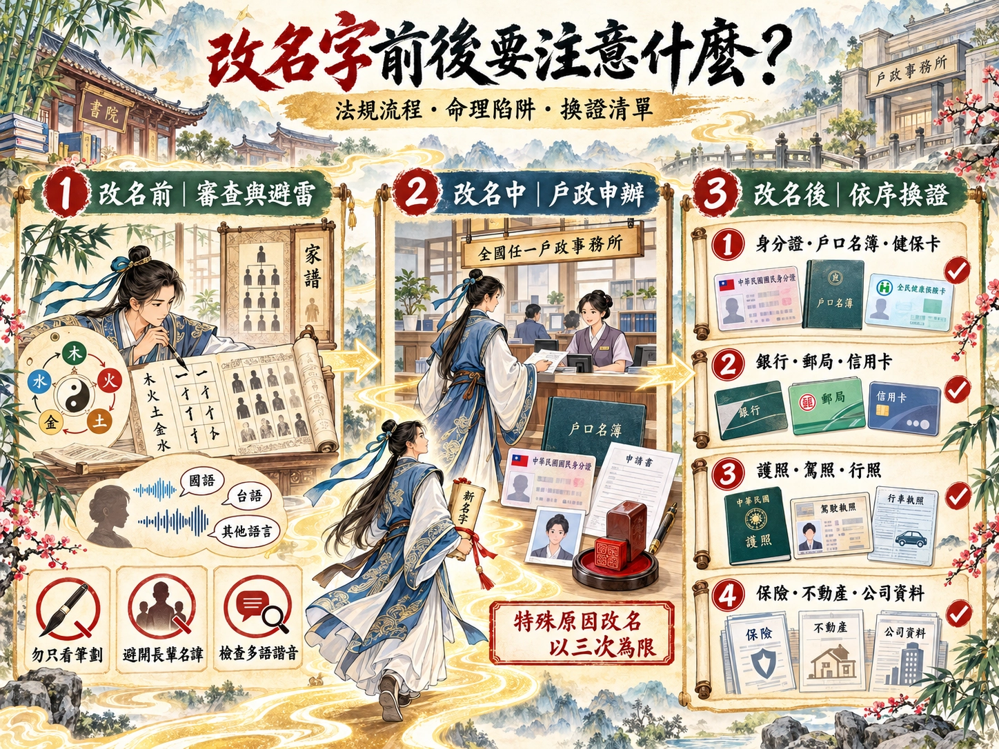 改名字注意事項圖解:改名三大命理陷阱、戶政法規與證件更換順序表