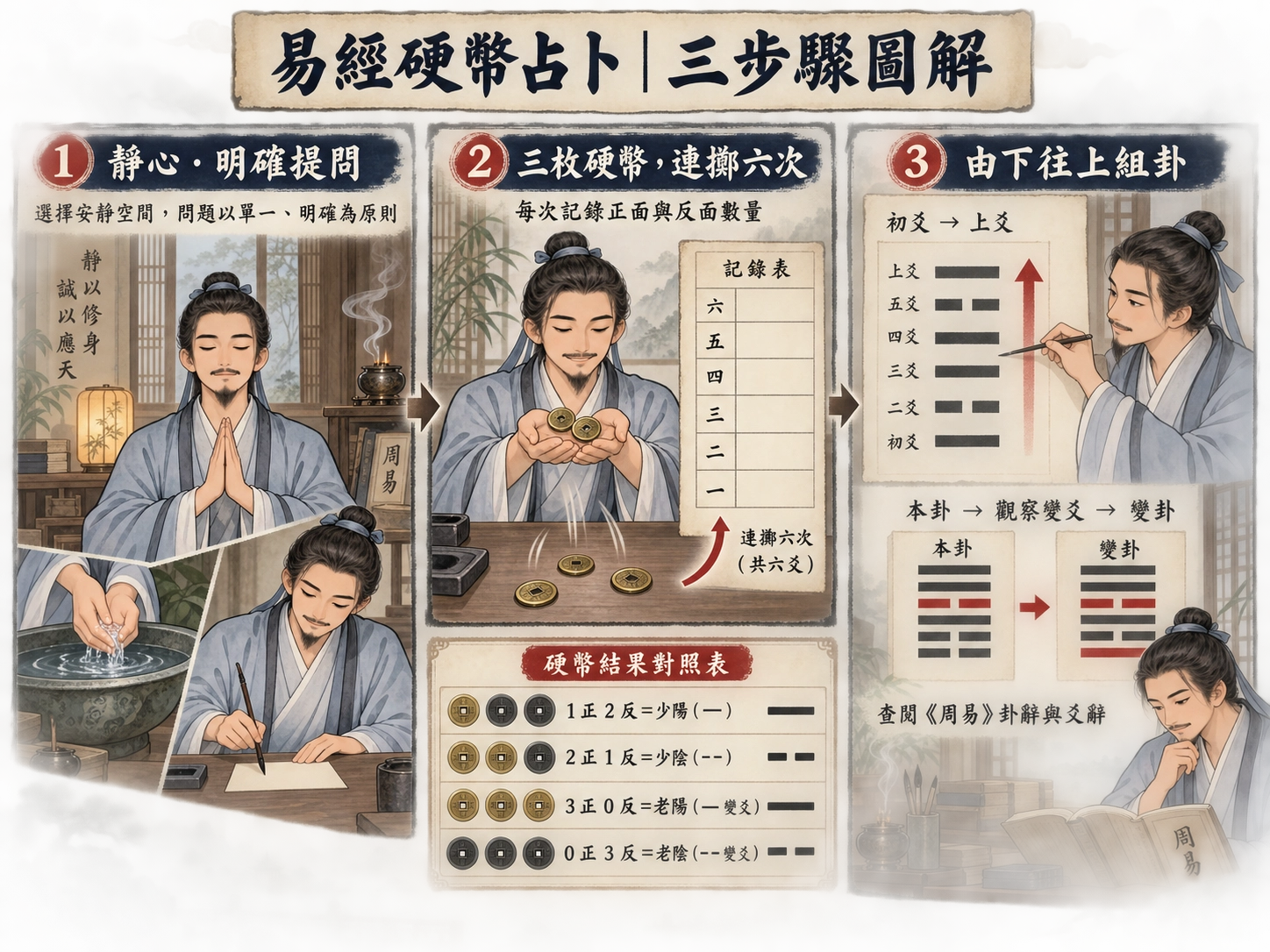 易經硬幣占卜三大步驟