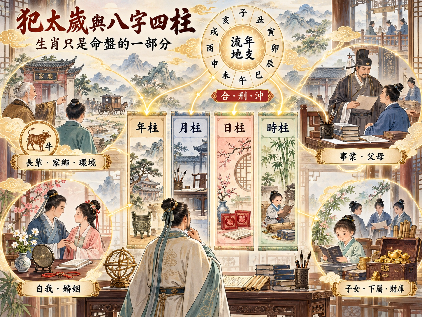 犯太歲與個人八字四柱關係示意圖,解析流年地支對年柱、月柱、日柱與時柱的影響