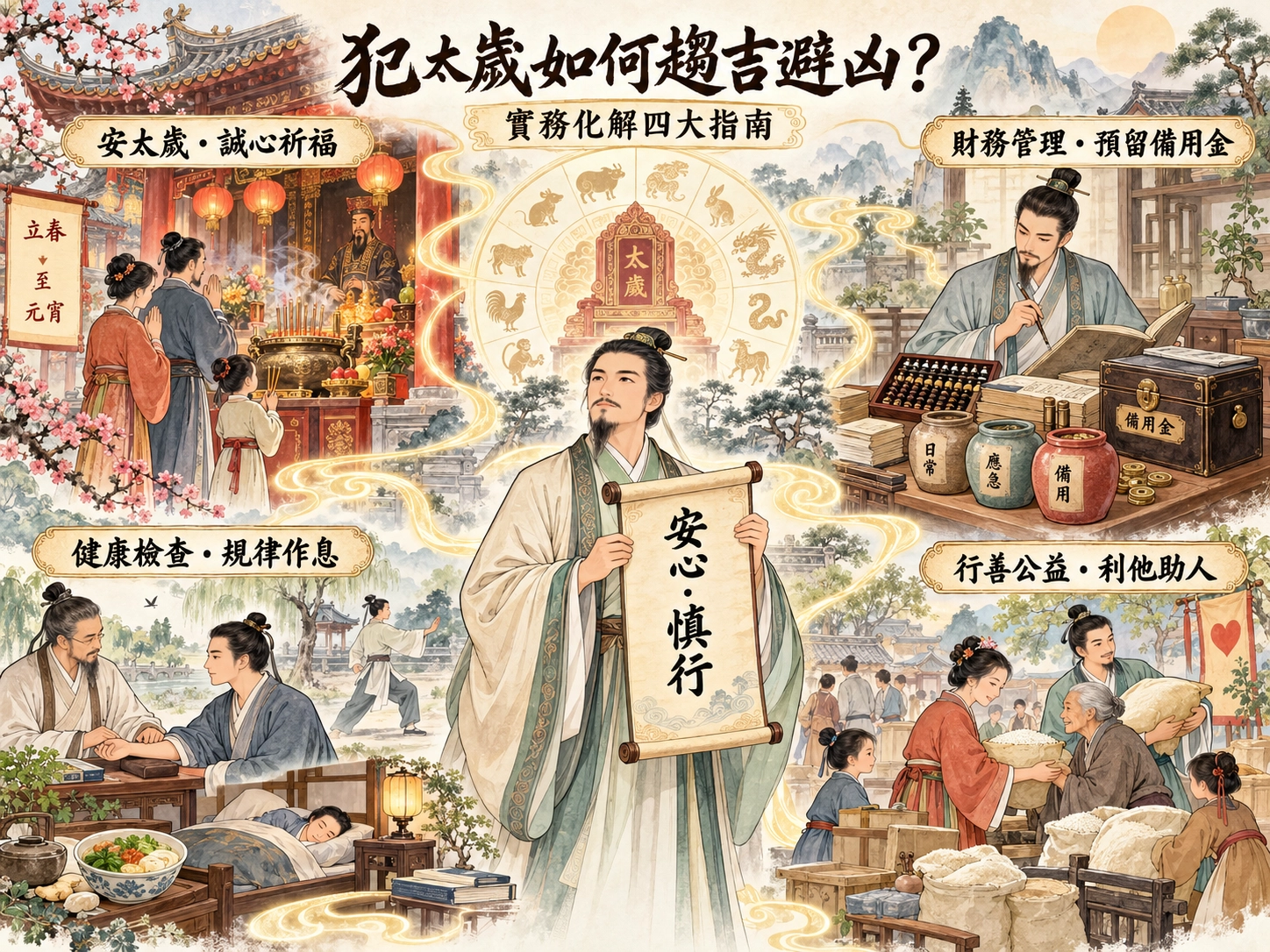 犯太歲趨吉避凶四大指南示意圖,包含安太歲、財務管理、健康作息與行善公益