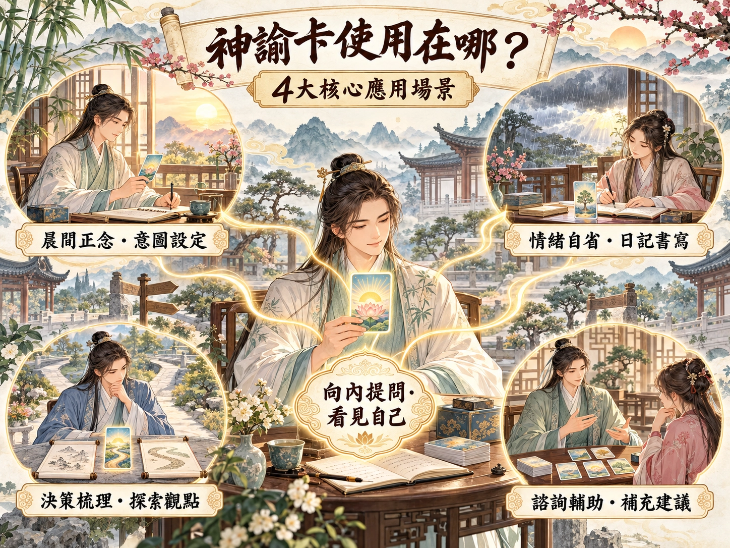 神諭卡四大應用場景示意圖,包含晨間正念、情緒自省、決策梳理與諮詢輔助