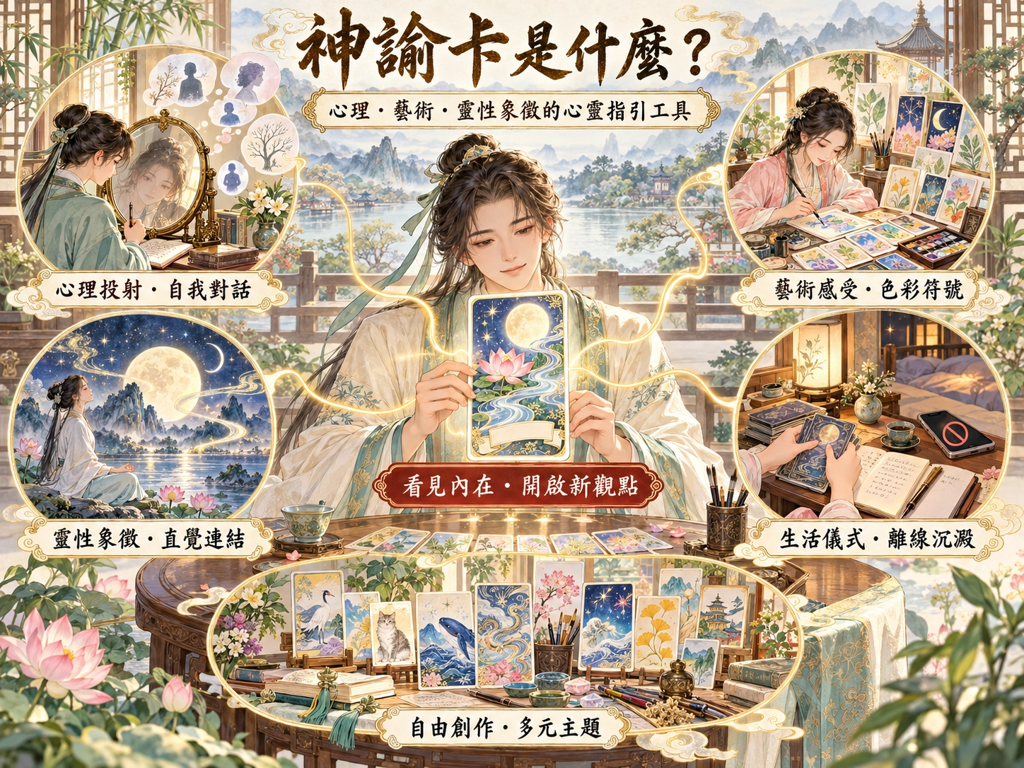 神諭卡心靈指引工具示意圖,呈現心理投射、藝術感受、靈性象徵、生活儀式與自由創作