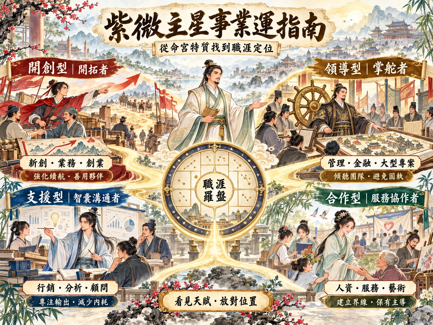 紫微主星事業運指南示意圖,解析開創型、領導型、支援型與合作型的職涯定位及發展關鍵