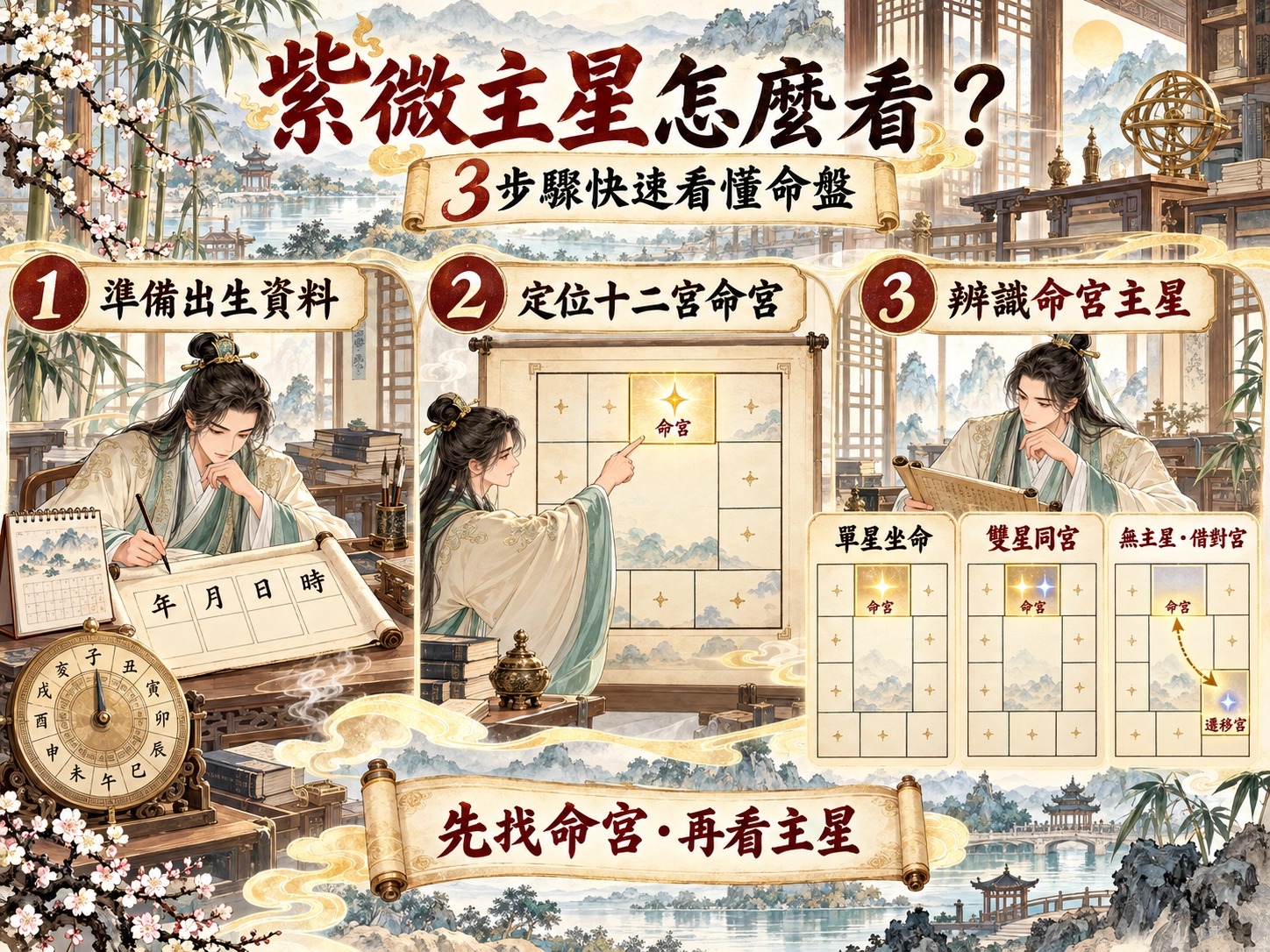 紫微主星判讀三步驟示意圖,說明準備出生資料、定位十二宮命宮及辨識單星雙星與無主星