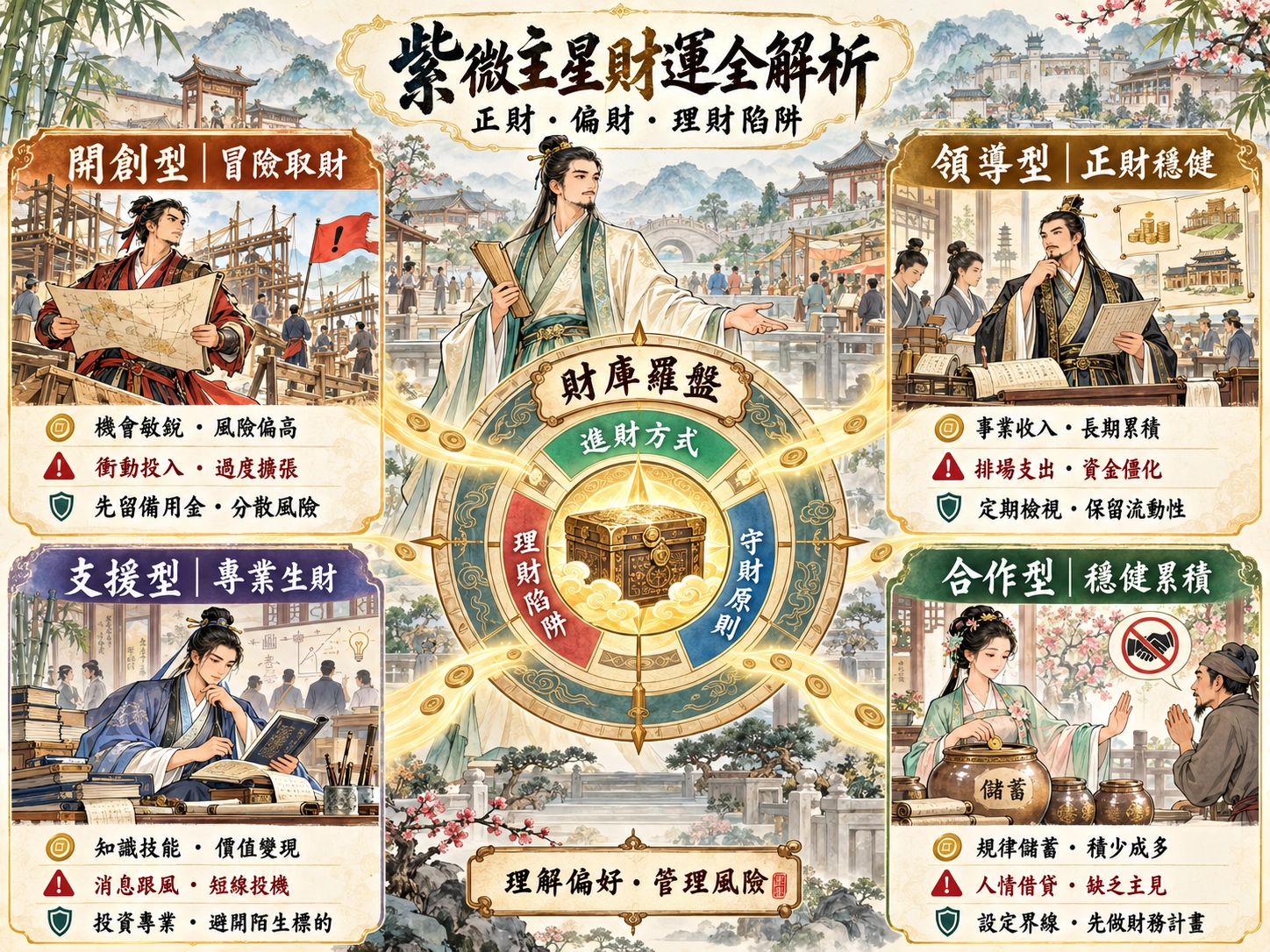 紫微主星財運解析示意圖,說明開創型、領導型、支援型與合作型的進財方式、理財陷阱及守財原則