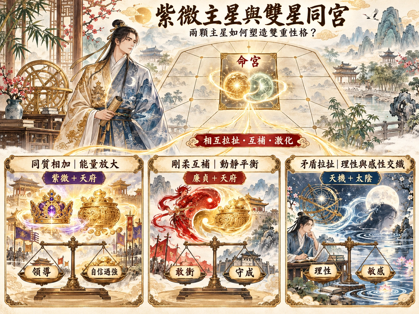 紫微主星雙星同宮示意圖,解析紫微天府、廉貞天府與天機太陰對雙重性格的影響