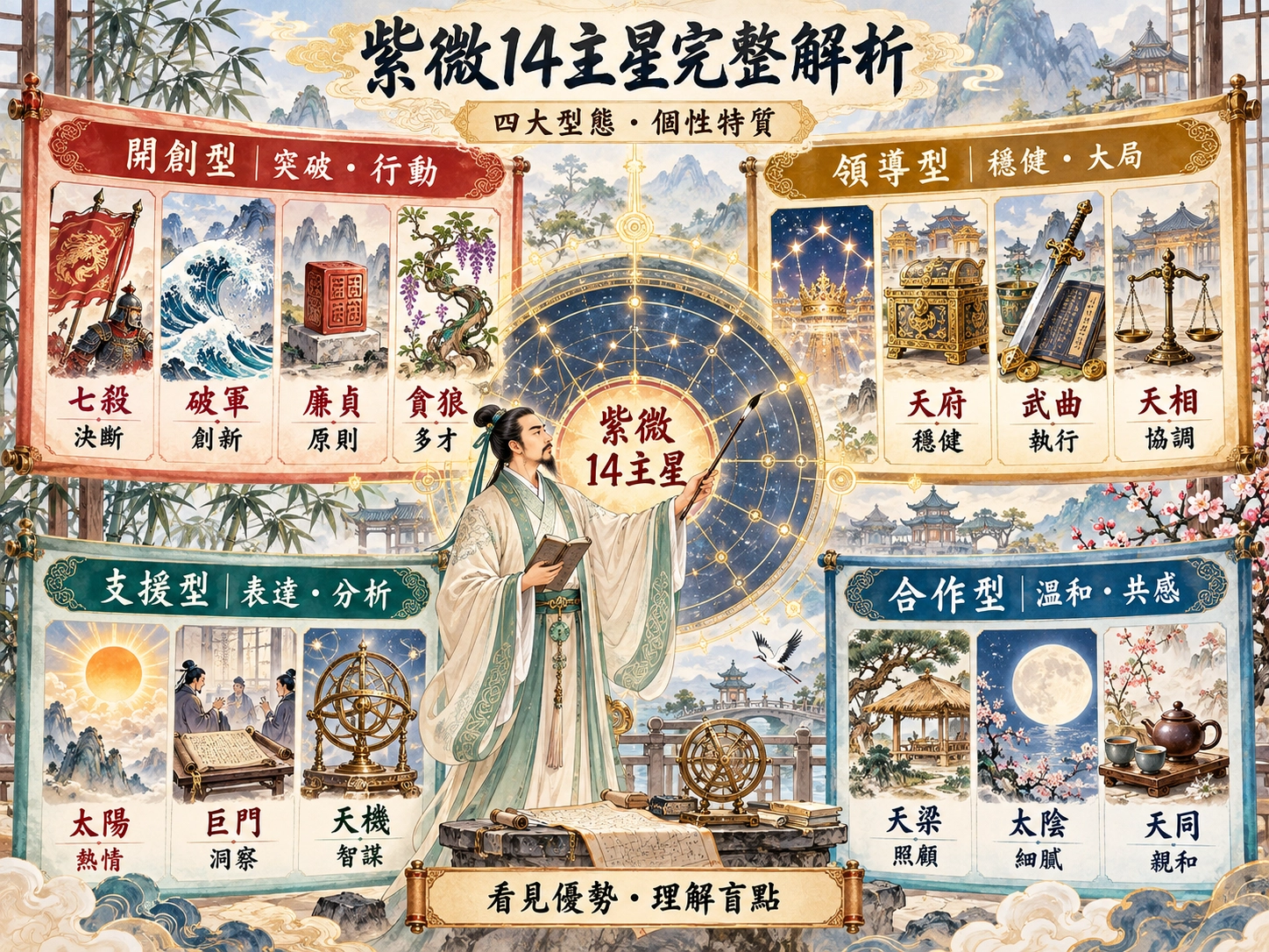 紫微斗數14主星四大型態示意圖,解析開創型、領導型、支援型與合作型主星的個性特質